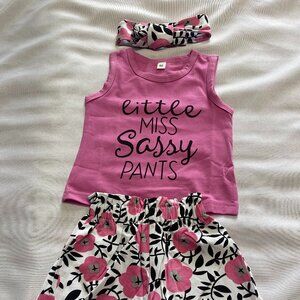 Pink 'Little Miss Sassy Pants' Tank and Floral Shorts Set with head band